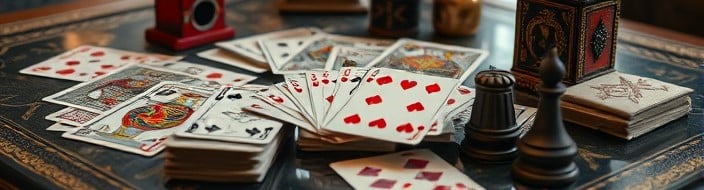 Moderne und altertümliche Spielkarten sind auf einem Spieltisch arrangiert.